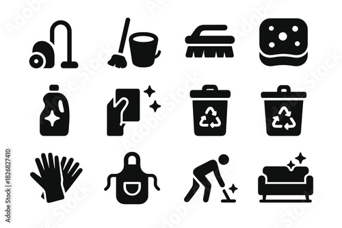 Cleaning Tools Icons. Cleaning together. Solid icon set of Cleaning together: vacuum cleaner, mop bucket, brush, sponge, detergent bottle, dusting cloth, trash