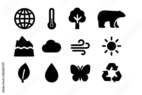 Climate Symbols Icon Grid. Climate and biodiversity. Solid icon set of climate and biodiversity: globe, thermometer, tree, polar bear, ice cap, cloud, wind,