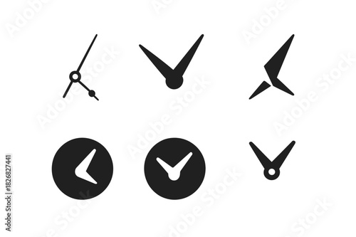Clock Hands Icons. Clock hands. Icon set. Set Logo of Clock hands: Classic hour and minute hands. harmonious logo variations of the same emblematic concept