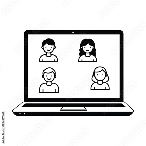 Laptop screen displaying video conference with four user icons