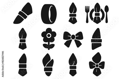 Cloth Napkin Ring Icons. Cloth Napkin Ring. Solid icon set of Cloth Napkin Ring: napkin, ring, folded cloth, table setting, plate, fork, knife, spoon, flower