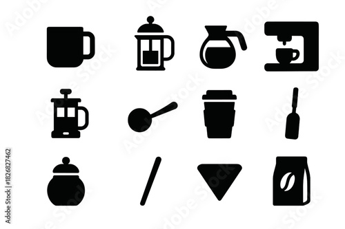 Coffee Equipment Icons. Coffee accessories. Solid icon set of Coffee accessories: coffee mug, french press, coffee pot, espresso machine, grinder, scoop, to-go