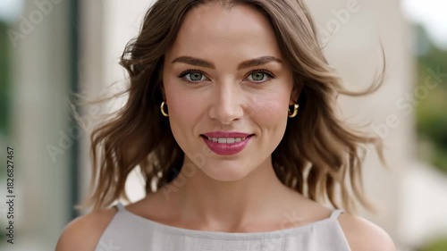 Confident Beautiful Woman Smiling and Blinking in the Wind Close-up Portrait Outdoors on Sunny Day