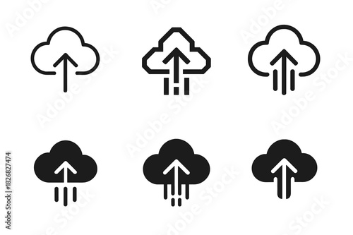 Cloud Storage Logos. Cloud storage. Icon set. Set Logo of cloud storage: data upload stream. harmonious logo variations of the same emblematic concept, each