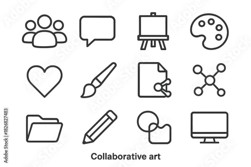 Collaborative Art Icons. Collaborative art. Line icon set of collaborative art: multiple users, chat bubble, canvas, palette, heart, paintbrush, shared file,