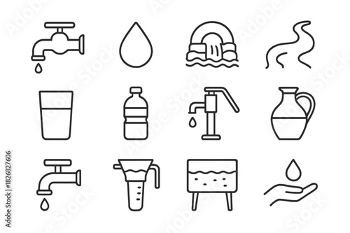 Water Source Icons. Water sources. Line icon set of water sources: faucet, droplet, spring, stream, glass, water bottle, pump, jug, tap, filter, reservoir,