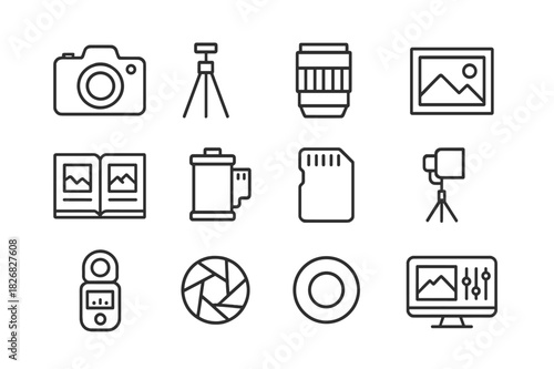 Photography Icon Set. Photography art tools. Line icon set of Photography art tools: camera, tripod, lens, photo frame, photo album, film roll, memory card,