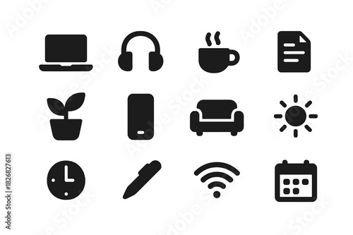 Freelancer Icon Set. Freelancer lifestyle. Solid icon set of freelancer lifestyle: laptop, headphones, coffee cup, document, plant, smartphone, couch, sun,