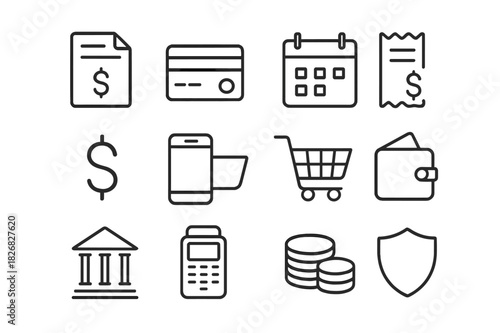 Subscription Icon Set. Subscription billing. Line icon set of subscription billing: invoice, credit card, calendar, receipt, dollar sign, mobile phone,