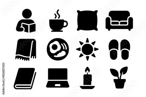Lazy Sunday Icons. Lazy Sunday. Solid icon set of Lazy Sunday: person reading, coffee cup, pillow, sofa, blanket, breakfast plate, sun, slippers, book, laptop,