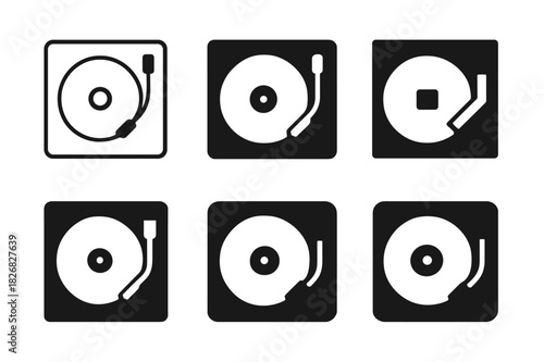 Record Player Logos. record player. Icon set. Set Logo of record player: turntable with tonearm. harmonious logo variations of the same emblematic concept,