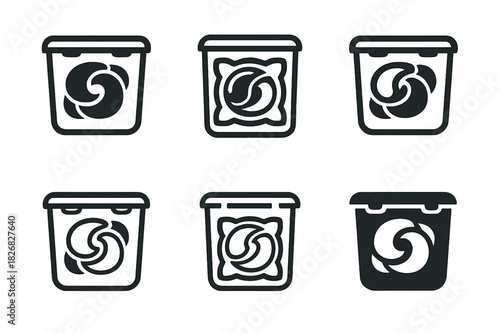 Compact Laundry Icon Set. Compact laundry appliances. Line icon set of compact laundry appliances: mini washing machine, tabletop dryer, handheld iron,