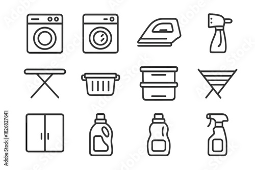 Compact Laundry Icon Set. Compact laundry appliances. Line icon set of compact laundry appliances: mini washing machine, tabletop dryer, handheld iron,