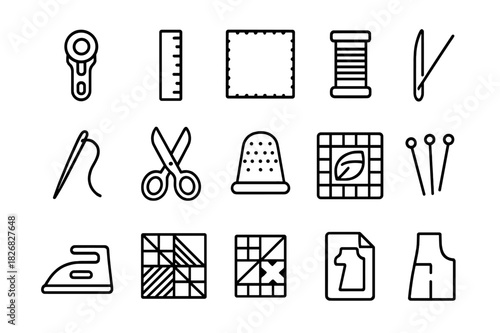 Quilting Tools Icons. Quilting tools. Line icon set of quilting tools: rotary cutter, ruler, fabric square, thread spool, needle, scissors, thimble, cutting