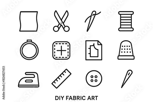 DIY Fabric Art Icons. DIY fabric art. Line icon set of DIY fabric art: fabric, scissors, needle, thread, spool, hoop, patch, pattern, thimble, iron, ruler,