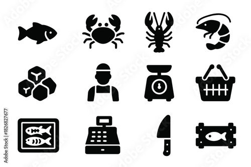 Seafood Market Icons. Seafood market. Solid icon set of Seafood market: fish, crab, lobster, shrimp, ice, scale, vendor, basket, tray, cash register, knife,