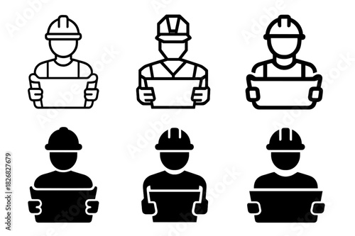 Construction Worker Logos. Construction Worker. Icon set. Set Logo of Construction Worker: Worker with Blueprint. harmonious logo variations of the same