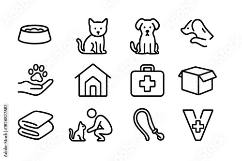 Stray Animal Aid Icons. Helping stray animals. Line icon set of helping stray animals: food bowl, water dish, street cat, street dog, hand with paw, shelter