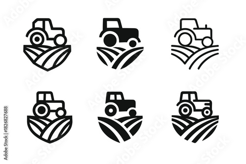Tractor Logo Variations. Tractor. Icon set. Set Logo of Tractor: Tractor Plowing Field. harmonious logo variations of the same emblematic concept, each with