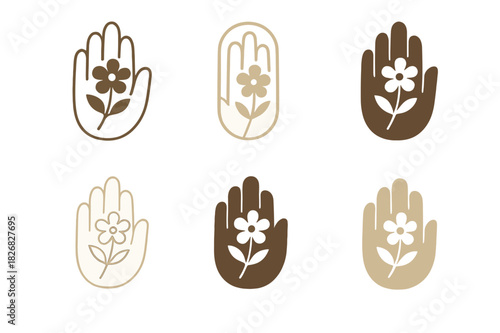 Pressed Flowers Manicure. pressed flowers manicure. Icon set. Set Logo of pressed flowers manicure: blooming beauty motif. harmonious logo variations of the