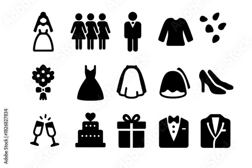 Wedding Icon Set. Wedding ceremony. Solid icon set of Wedding ceremony: bride, bridesmaids, groom, flower petals, bouquet, wedding dress, veil,