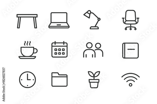 Coworking Space Icons. Coworking space. Line icon set of coworking space: desk, laptop, lamp, chair, coffee cup, calendar, people, notebook, clock, folder,