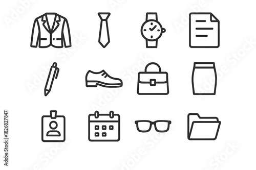 Professional Meeting Icons. Professional meeting look. Line icon set of professional meeting look: blazer, tie, watch, document, pen, shoes, handbag, skirt,