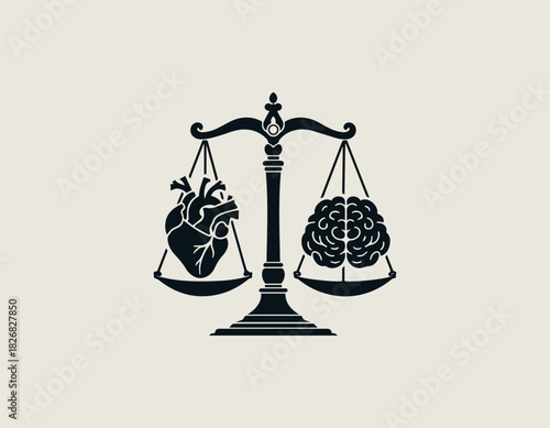 Symbolic black vector illustration of a traditional balance scale weighing a detailed anatomical human heart against a human brain, representing the balance of emotion and logic. Duality concept
