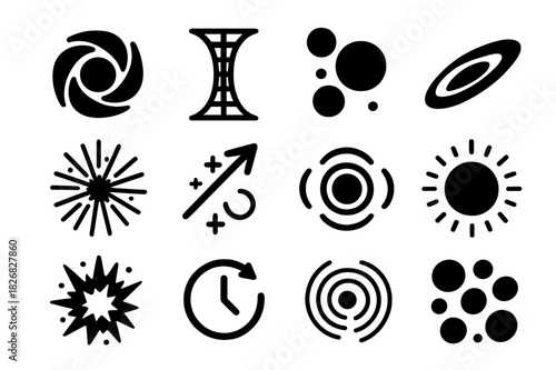 Cosmic Phenomena Icons. Cosmic phenomena. Solid icon set of Cosmic phenomena: black hole, wormhole, dark matter, quasar, gamma burst, cosmic ray, gravitational