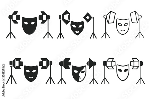 Cosplay Logo Variations. Cosplay photography studio. Icon set. Set Logo of cosplay photography: studio lights and mask. harmonious logo variations of the same