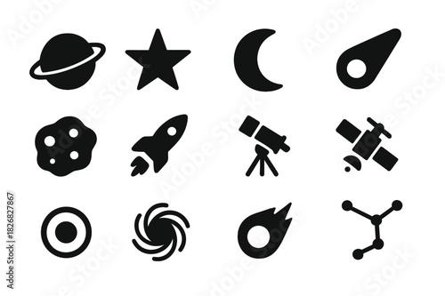 Cosmic Icon Collection. Cosmos Icons. Solid icon set of planet, star, moon, comet, asteroid, rocket, telescope, satellite, orbit, black hole, meteor,