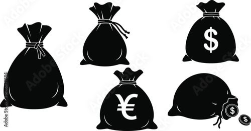 Collection of Financial Money Bag Silhouettes, Dollar Yen Euro Currency Symbols, Sack of Gold Coins and Cash, Black Isolated Vector Graphic for Investment and Banking.