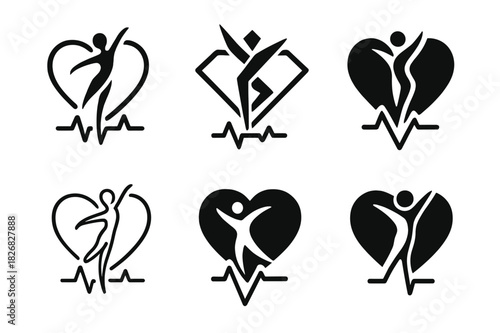 Dance Therapy Icons. dance therapy and emotional healing. Icon set. Set Logo of dance therapy and emotional healing: heartbeat rhythm. harmonious