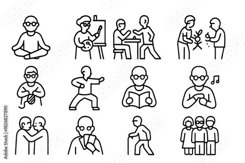 Senior Activities Icons. Senior activities. Line icon set of Senior activities: yoga, painting, chess, gardening, knitting, tai chi, reading, singing, dancing,