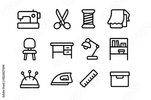 Craft Studio Icons. Craft studio. Line icon set of craft studio: sewing machine, scissors, thread spool, fabric, chair, desk, lamp, shelf, pin cushion, iron,