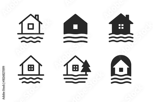 Cottage Logo Icon Set. Cottage. Icon set. Set Logo of lakeside cottage. harmonious logo variations of the same emblematic concept (Minimal outline, Negative