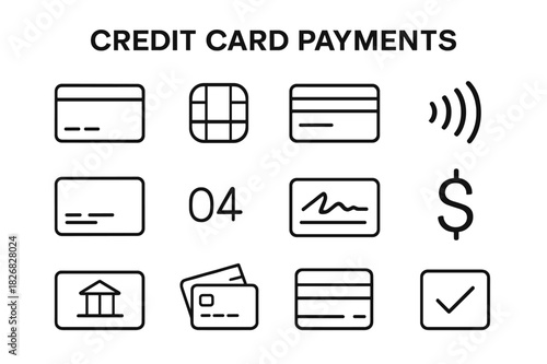 Credit Card Icons. Credit Card Payments. Line icon set of Credit Card Payments: credit card front, chip, credit card back, magnetic stripe, contactless payment