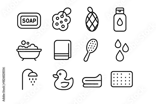 Bath Hygiene Icon Set. Bath hygiene set. Line icon set of Bath hygiene set: soap bar, bath sponge, loofah, shower gel bottle, shampoo bottle, bathtub, bath