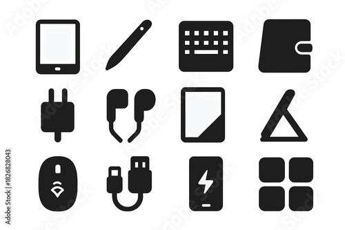 Digital Tablet Essentials. Digital tablet kit. Solid icon set of Digital tablet kit: tablet, stylus, keyboard, case, charger, earphones, screen protector,