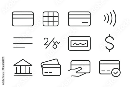 Credit Card Icons. Credit Card Payments. Line icon set of Credit Card Payments: credit card front, chip, credit card back, magnetic stripe, contactless payment