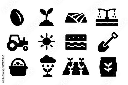 Crop Cultivation Icons. Crop cultivation. Solid icon set of crop cultivation: seed, sprout, field, irrigation, tractor, sun, soil layers, shovel, basket, rain,