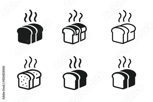 Fresh Bread Icons. fresh bread. Icon set. Set Logo of fresh bread: sliced loaf with steam. harmonious logo variations of the same emblematic concept, each with