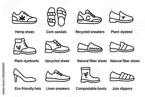 Eco-Friendly Footwear Icons. Eco-friendly footwear. Line icon set of Eco-friendly footwear: hemp shoes, cork sandals, recycled sneakers, bamboo slip-ons,
