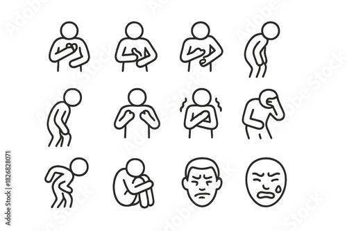 Pain Gesture Icons. Pain gestures. Line icon set of Pain gestures: clutching chest, grabbing stomach, holding head, bent-over posture, bent knees, clenched