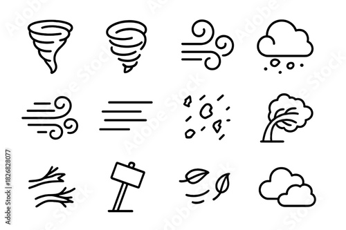 Cyclone Icon Set. Cyclone visuals. Line icon set of Cyclone visuals: spinning funnel, tornado, swirling wind, dust cloud, gust lines, motion lines, flying