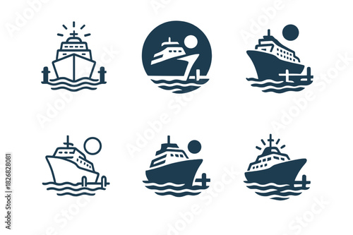 Cruise Logo Set. Cruise vacations and boat tours. Icon set. Set Logo of cruise vacations and boat tours: harbor pier. harmonious logo variations of the same