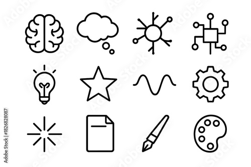 Cognitive Icon Set. Cognitive creativity. Line icon set of cognitive creativity: brain, thought bubble, neuron, circuit, idea bulb, star, wave, gear, spark,