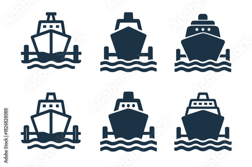Cruise Logo Set. Cruise vacations and boat tours. Icon set. Set Logo of cruise vacations and boat tours: harbor pier. harmonious logo variations of the same