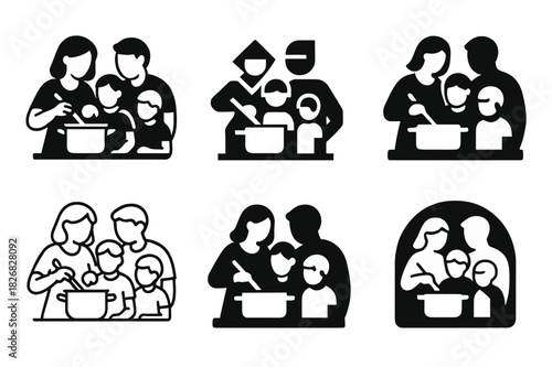 Family Cooking Icons. cooking together as a family. Icon set. Set Logo of cooking together as a family: parents teaching kids to cook. harmonious