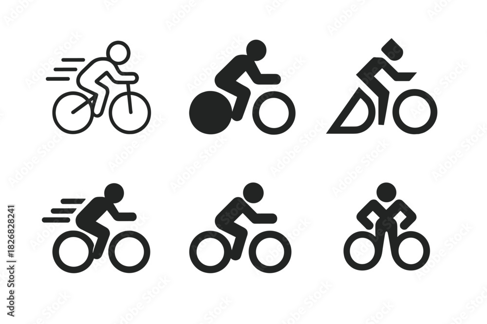 Obraz premium Cyclist Logo Variations. Person on bicycle. Icon set. Set Logo of person on bicycle: cyclist pedaling forward with dynamic motion lines. harmonious logo